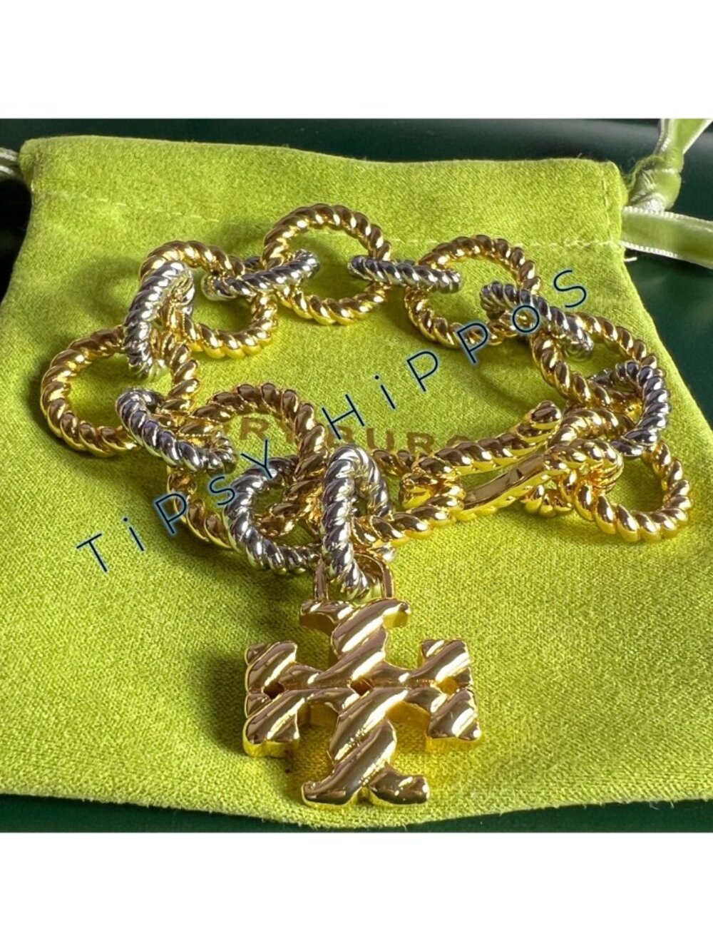 Tory Burch Gold & Silver Twist Rope Chain Bracelet With Logo Pendant In Gift Pou